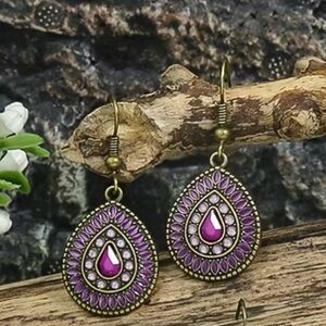 Bohemian Vintage Style Pink Rhinestone Teardrop Fishhook Earrings